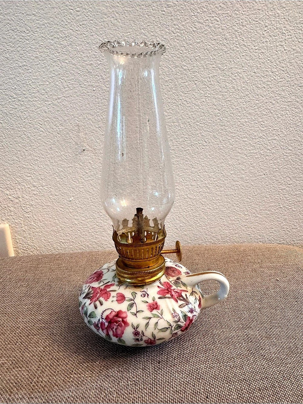 Vintage 1960s–1970s W. Rice Japan Hand Painted Floral Porcelain Oil Lamp